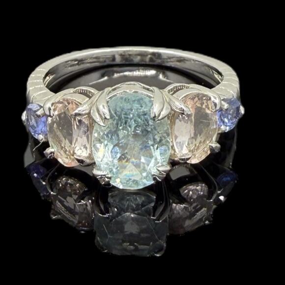 None Jewelry - 2.25ct Natural Aquamarine Morganite Tanzanite Ring 925 Sterling Silver Size 6